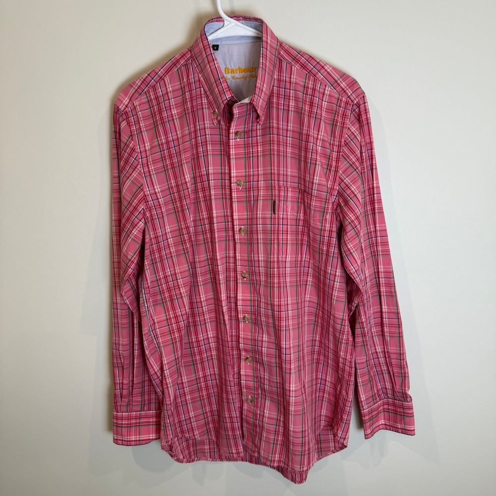 Barbour Mens Pink Plaid Button Down‎ Long Sleeve Casual Shirt